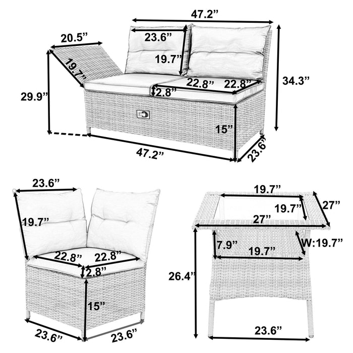 4 PCS Outdoor Patio All Weather PE Wicker Rattan Lsectional - Beige Rattan and Gray Cushions