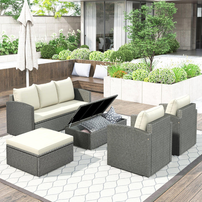 5 PCS Outdoor PatioAll-Weather PE Wicker Rattan Sectional Sofa Set with Multifunctional Table and Ottoman