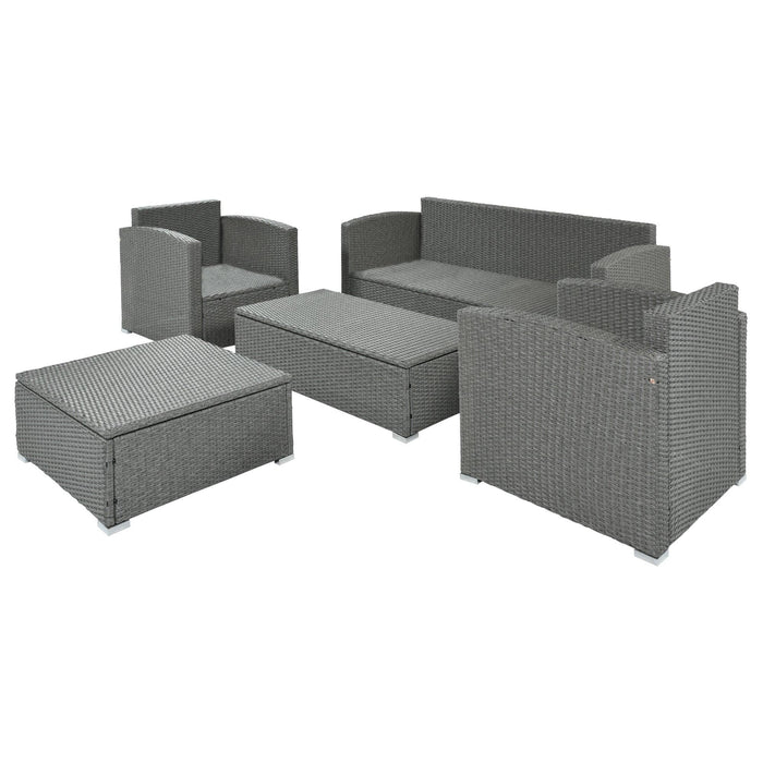 5 PCS Outdoor PatioAll-Weather PE Wicker Rattan Sectional Sofa Set with Multifunctional Table and Ottoman