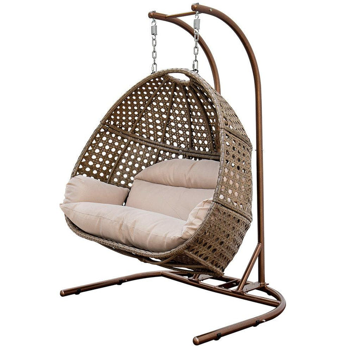 Brown Rattan Wicker Hanging Double-Seat Swing Chair with Stand and Beige Cushion