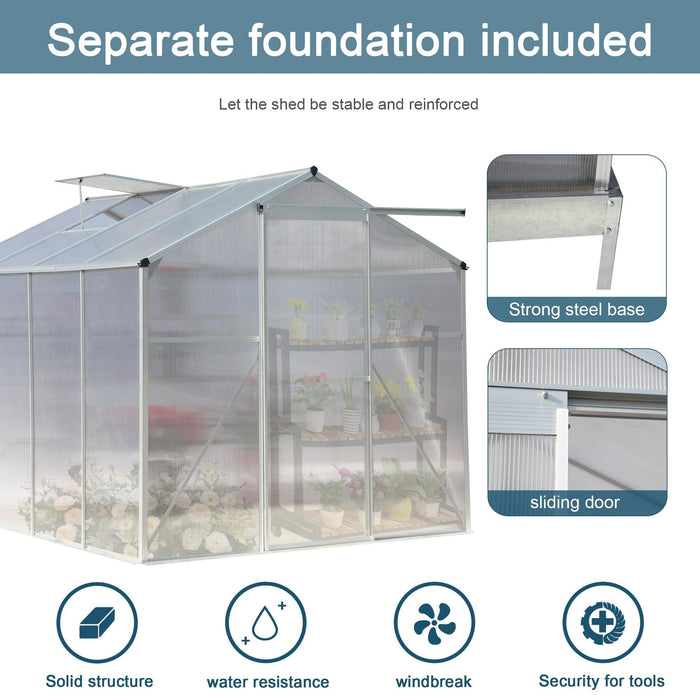 6ft x 8ft Walk-in Greenhouse with Heavy Duty Aluminum Frame and 4mm UV Polycarbonate Panels