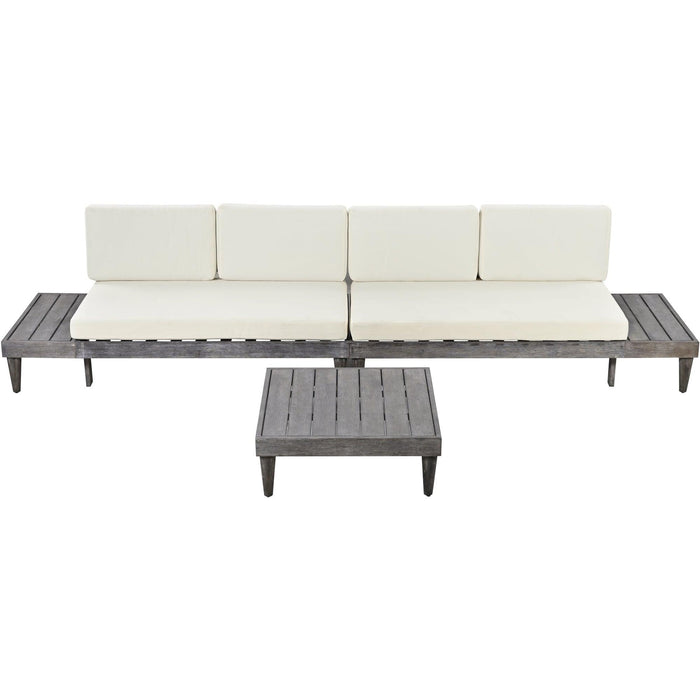 3 PCS Outdoor Patio Furniture Set Solid Wood Sectional Sofa Set with Coffee Table, Side Table, and Beige Cushions