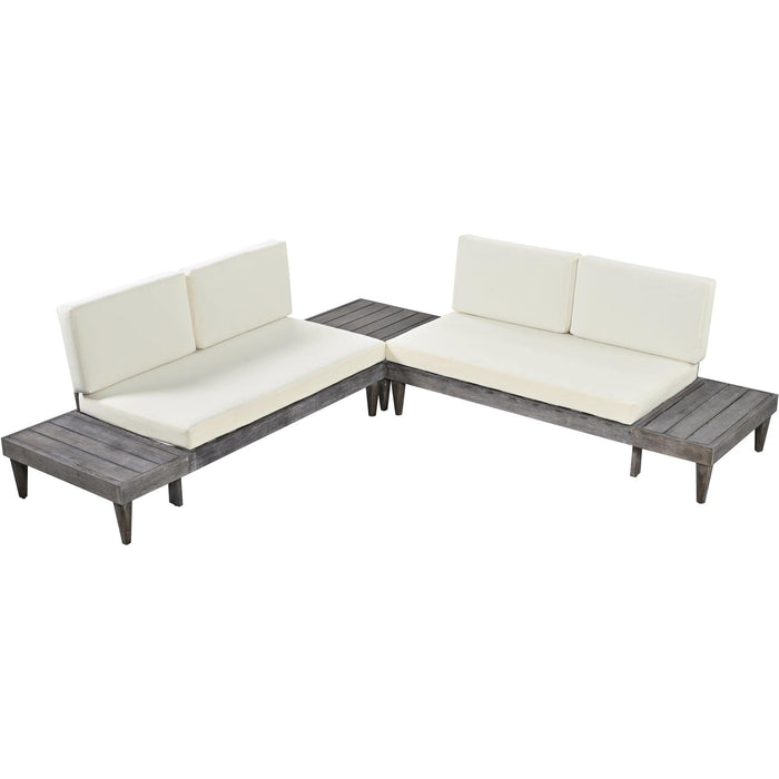 3 PCS Outdoor Patio Furniture Set Solid Wood Sectional Sofa Set with Coffee Table, Side Table, and Beige Cushions