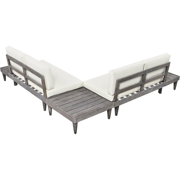 3 PCS Outdoor Patio Furniture Set Solid Wood Sectional Sofa Set with Coffee Table, Side Table, and Beige Cushions