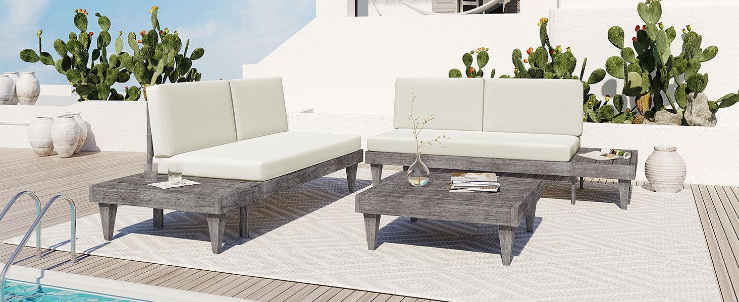 3 PCS Outdoor Patio Furniture Set Solid Wood Sectional Sofa Set with Coffee Table, Side Table, and Beige Cushions