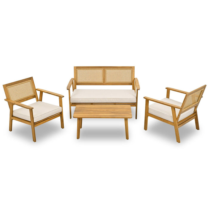 4 PCS Outdoor Living Space Acacia Wood Furniture Set with Mesh Design and Beige Cushions