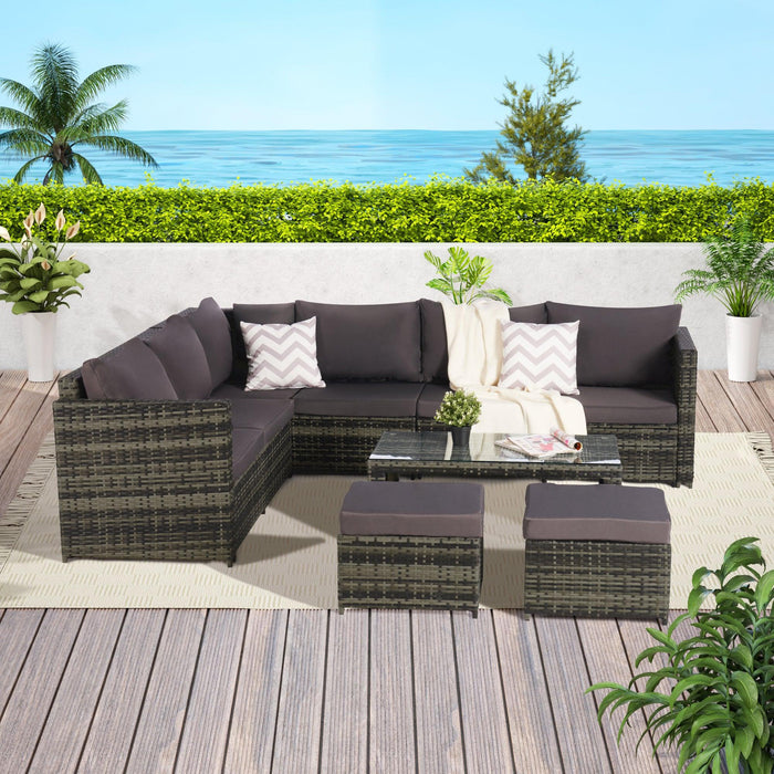 7PCS Outdoor Garden Rattan Seating Furniture Set with Dark Gray Cushions