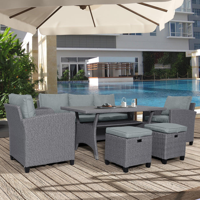 6 PCS Outdoor Patio Gray Rattan Wicker Dining Set with Gray Cushions