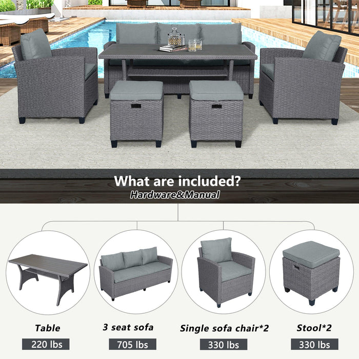 6 PCS Outdoor Patio Gray Rattan Wicker Dining Set with Gray Cushions