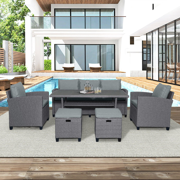 6 PCS Outdoor Patio Gray Rattan Wicker Dining Set with Gray Cushions