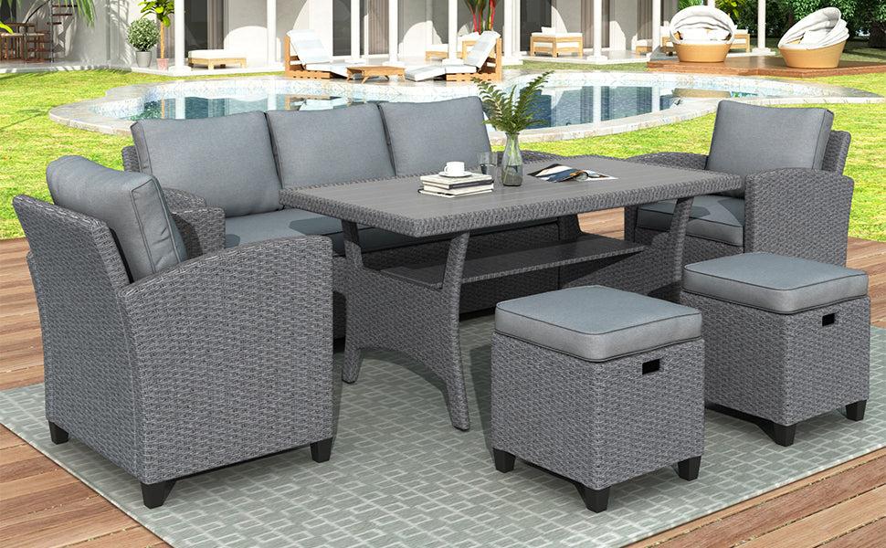 6 PCS Outdoor Patio Gray Rattan Wicker Dining Set with Gray Cushions