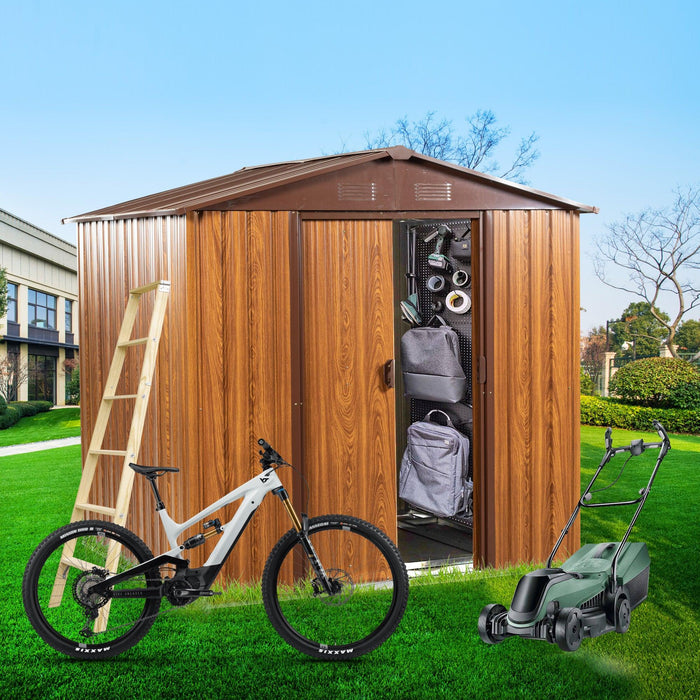 6ft x 6ft MetalStorage Shed with Woodgrain Design and Coffee Color Trim