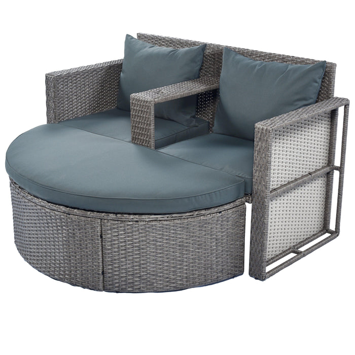 2 PCS OutdoorAll-Weather PE Wicker Rattan Seating Set with Half-moon Side Table and Gray Cushions