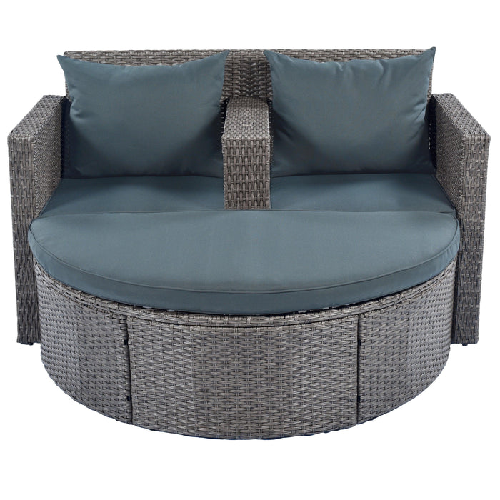 2 PCS OutdoorAll-Weather PE Wicker Rattan Seating Set with Half-moon Side Table and Gray Cushions