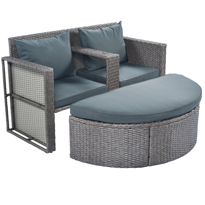 2 PCS OutdoorAll-Weather PE Wicker Rattan Seating Set with Half-moon Side Table and Gray Cushions