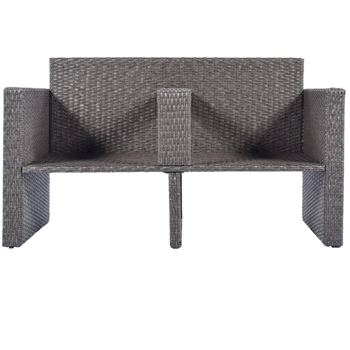 2 PCS OutdoorAll-Weather PE Wicker Rattan Seating Set with Half-moon Side Table and Gray Cushions