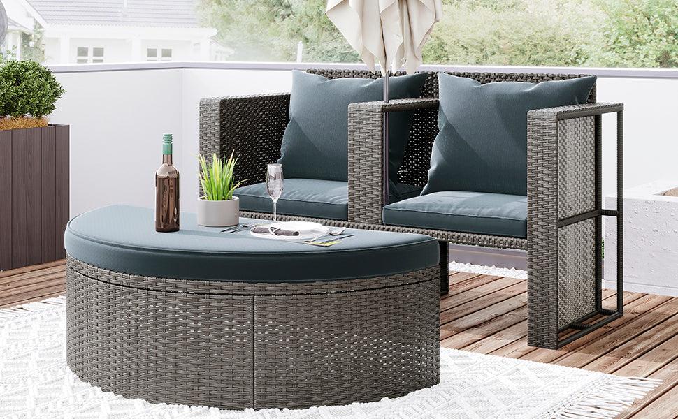 2 PCS OutdoorAll-Weather PE Wicker Rattan Seating Set with Half-moon Side Table and Gray Cushions