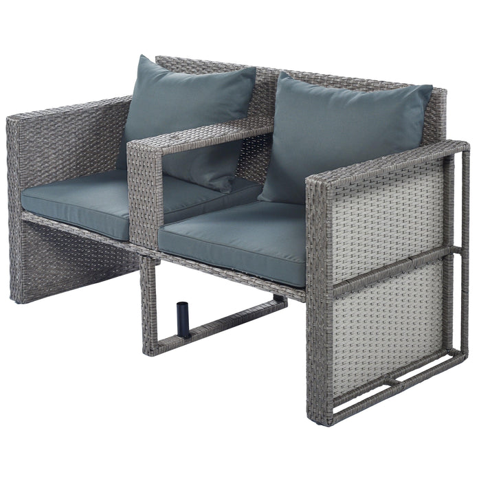 2 PCS OutdoorAll-Weather PE Wicker Rattan Seating Set with Half-moon Side Table and Gray Cushions