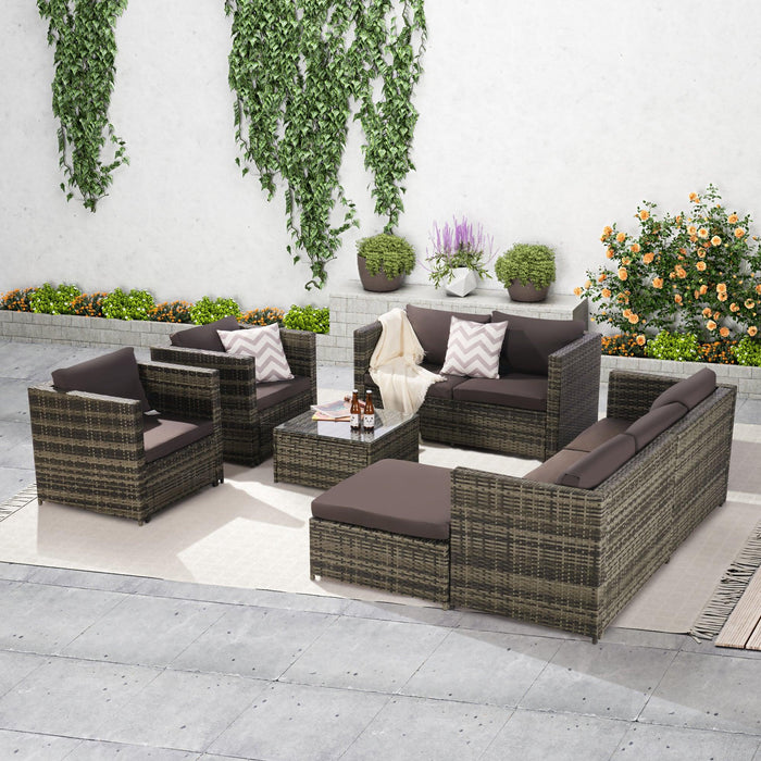 6 PCS Outdoor Garden Rattan Seating Group with Coffee Table and Dark Gray Cushions