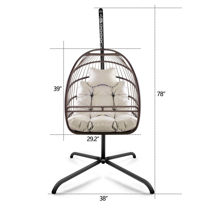 Indoor Outdoor Brown Wicker Rattan Patio Basket Egg Shaped Hanging Chair with C Type Bracket, Safe Rails, and Beige Cushion