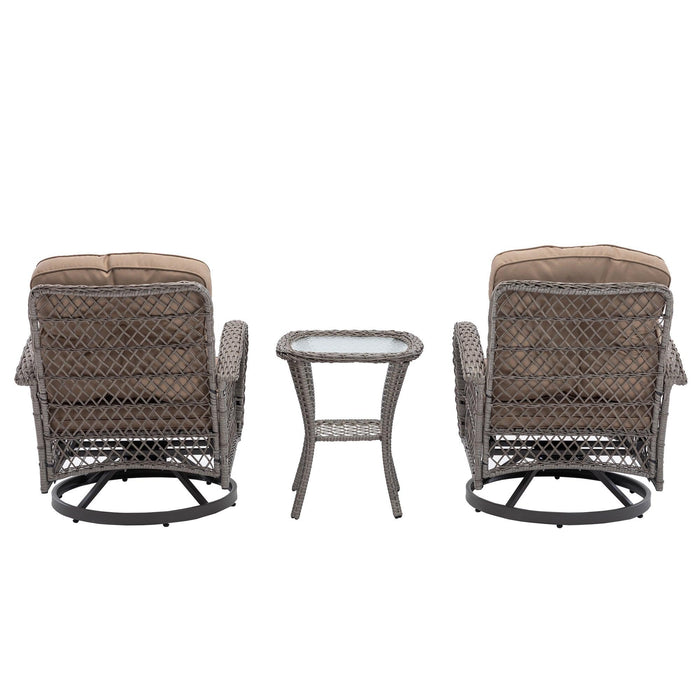 3 PCS Outdoor PatioModern Wicker Set with Table, Swivel Base Chairs and Brown Cushions