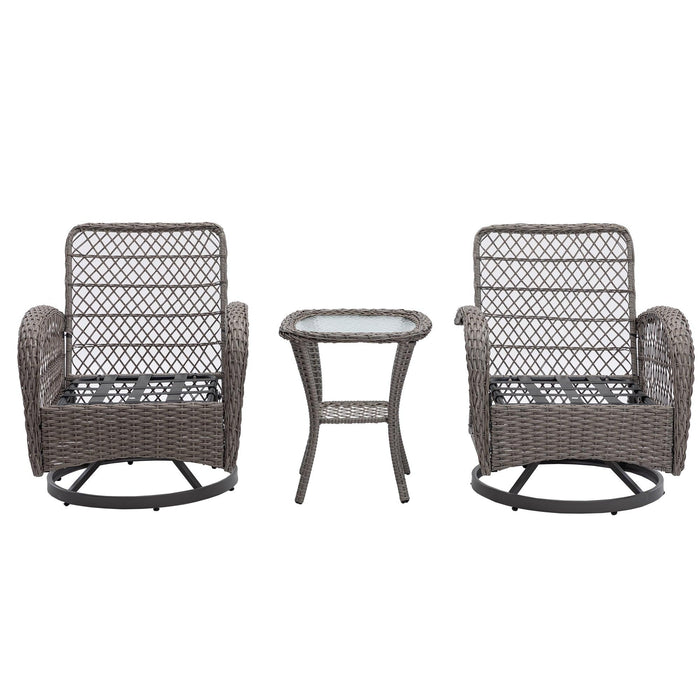 3 PCS Outdoor PatioModern Wicker Set with Table, Swivel Base Chairs and Brown Cushions