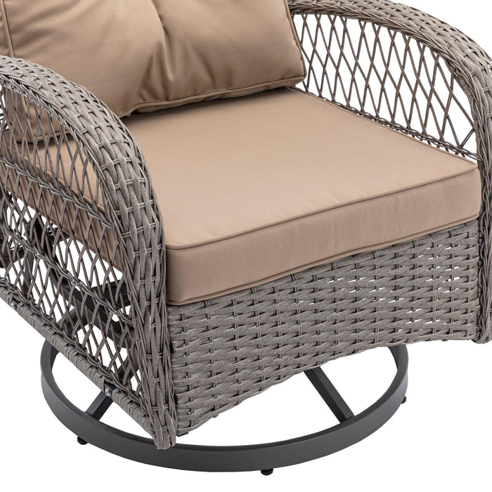 3 PCS Outdoor PatioModern Wicker Set with Table, Swivel Base Chairs and Brown Cushions