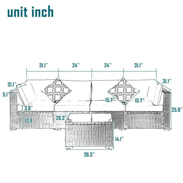 5 PCS Outdoor Garden Patio PE Rattan Wicker Cushioned Sofa Sets with 2 Pillows and Coffee Table