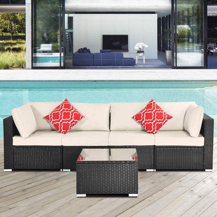 5 PCS Outdoor Garden Patio PE Rattan Wicker Cushioned Sofa Sets with 2 Pillows and Coffee Table