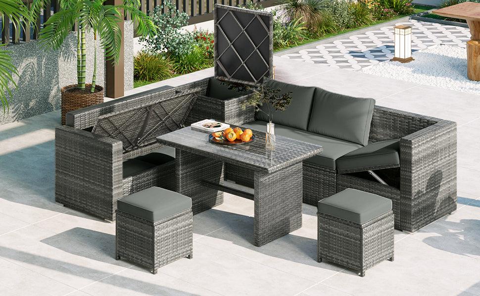 6 PCS Outdoor All Weather PE Rattan Sofa Set  with Adjustable Seat,Storage Box, Tempered Glass Top Table, and Gray Cushions