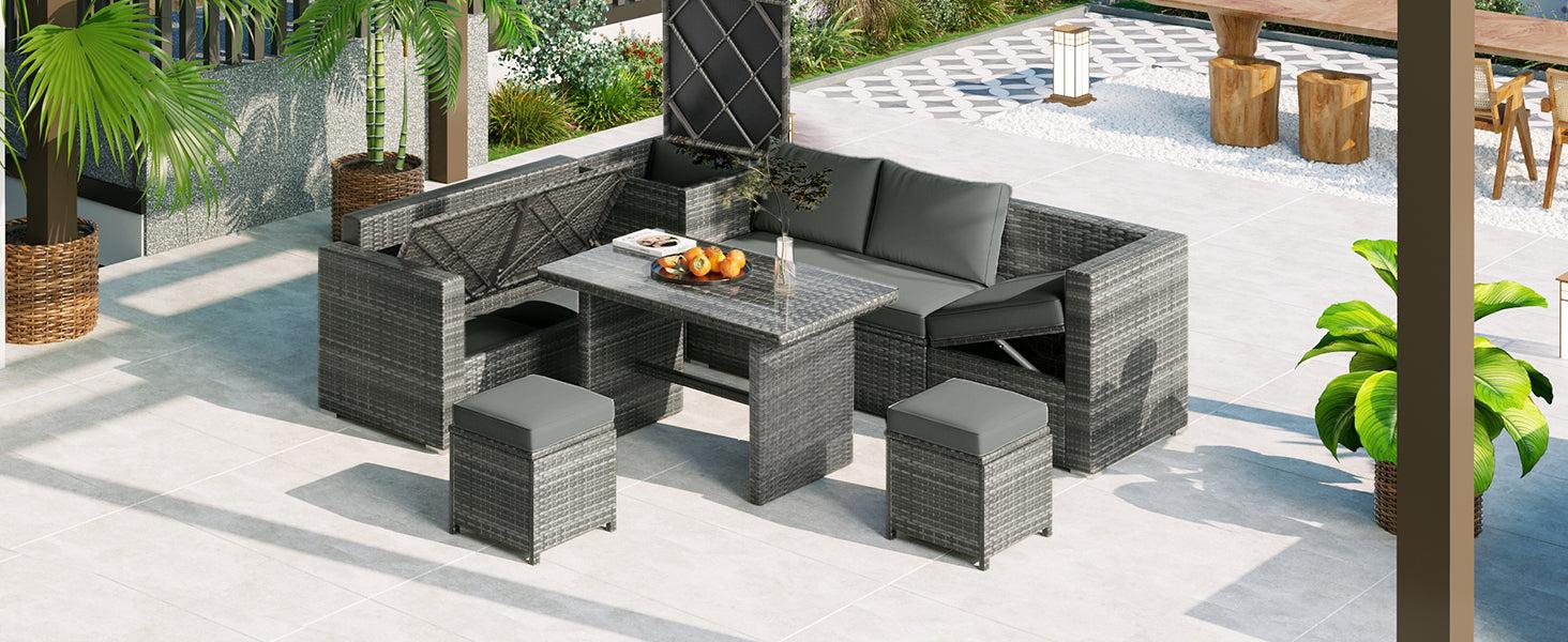 6 PCS Outdoor All Weather PE Rattan Sofa Set  with Adjustable Seat,Storage Box, Tempered Glass Top Table, and Gray Cushions