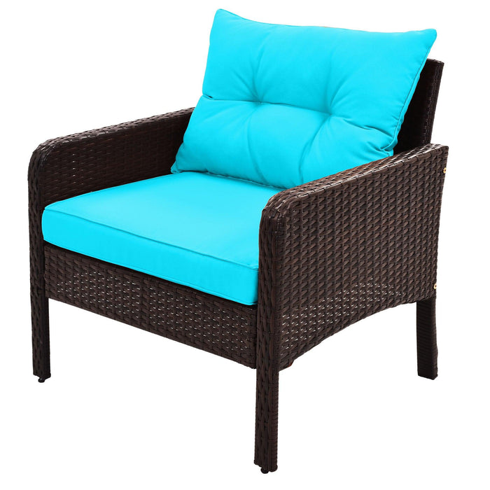 6 PCS Outdoor Patio PE Wicker Rattan Sofa Set Dining Table Set with and Tempered Glass Tea Table and Blue Cushions