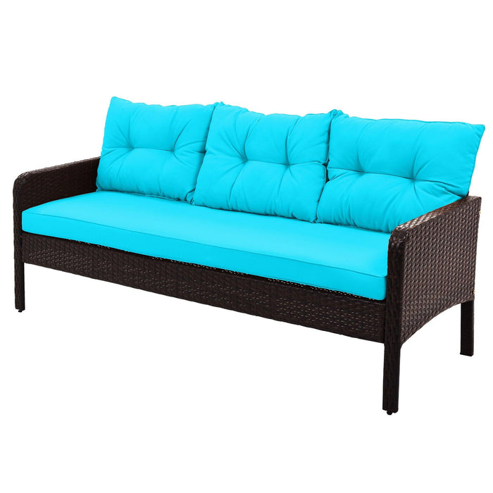 6 PCS Outdoor Patio PE Wicker Rattan Sofa Set Dining Table Set with and Tempered Glass Tea Table and Blue Cushions