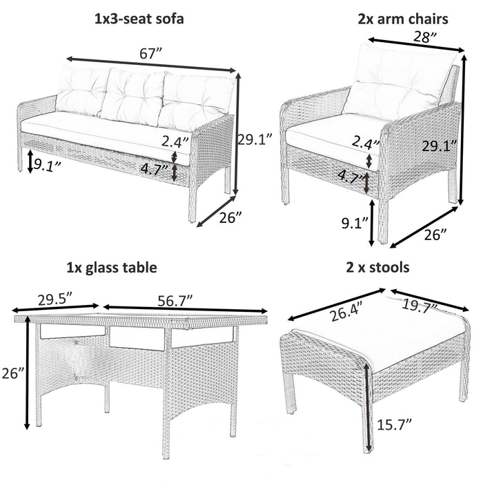 6 PCS Outdoor Patio PE Wicker Rattan Sofa Set Dining Table Set with and Tempered Glass Tea Table and Blue Cushions