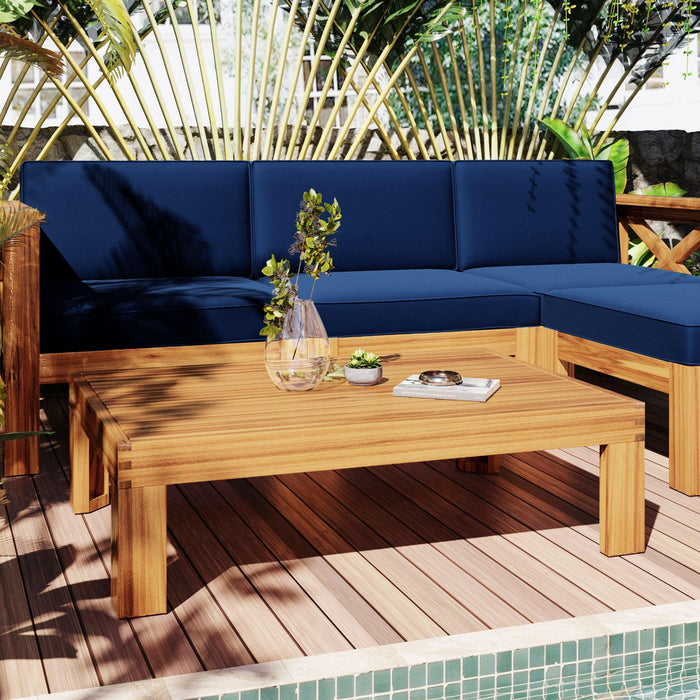 5 PCS Outdoor Backyard Patio Wood Sectional Sofa Seating Group Set with Blue Cushions