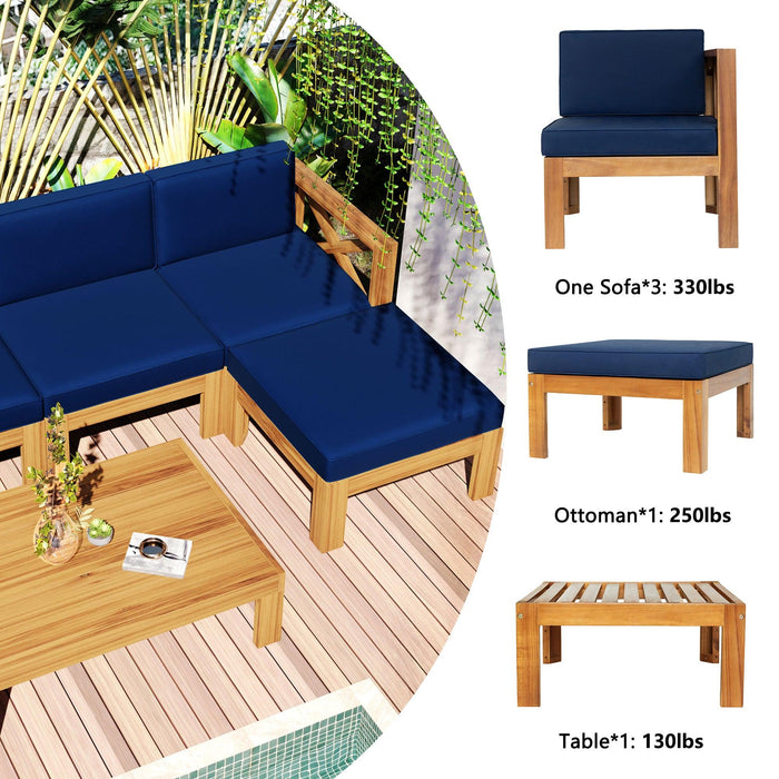 5 PCS Outdoor Backyard Patio Wood Sectional Sofa Seating Group Set with Blue Cushions