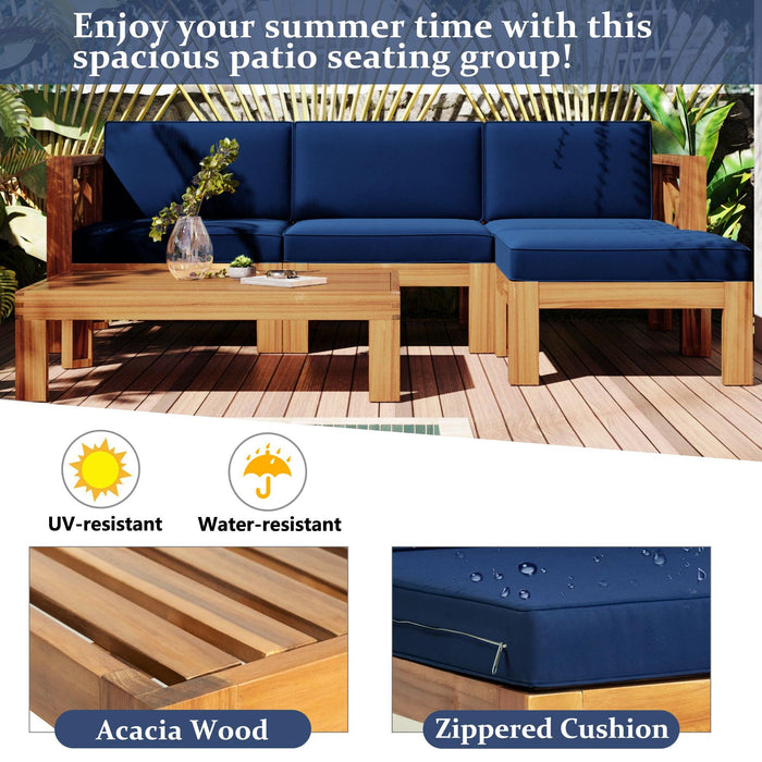 5 PCS Outdoor Backyard Patio Wood Sectional Sofa Seating Group Set with Blue Cushions