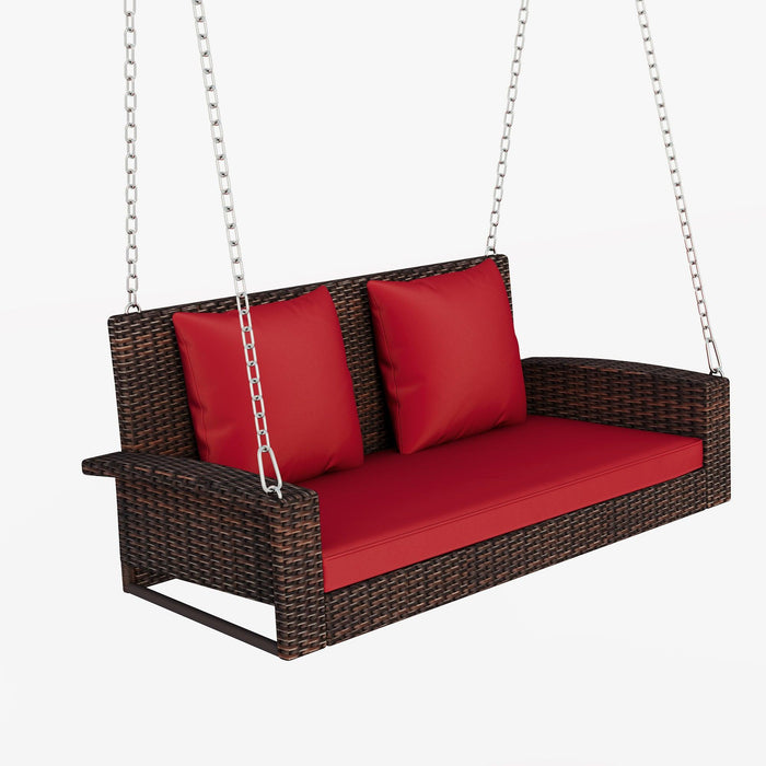 2-Person Brown Wicker Hanging Porch Swing with Chains, Red Cushions and Pillows