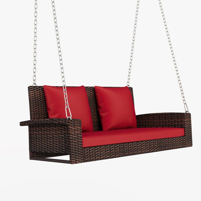 2-Person Brown Wicker Hanging Porch Swing with Chains, Red Cushions and Pillows