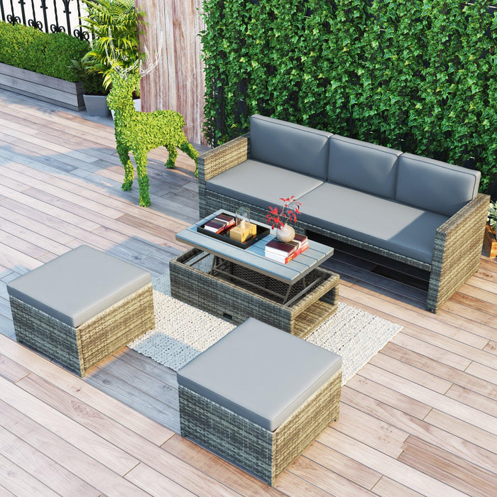 4 PCS Outdoor Backyard Patio All-weather PE Rattan Wicker Sectional Furniture Set with Retractable Table - Gray