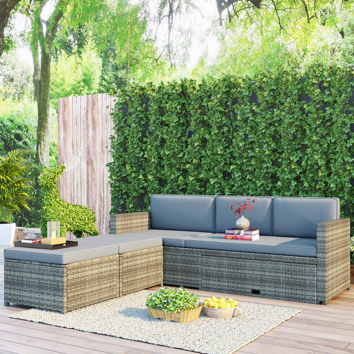 4 PCS Outdoor Backyard Patio All-weather PE Rattan Wicker Sectional Furniture Set with Retractable Table - Gray