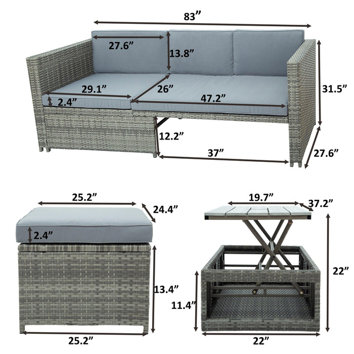 4 PCS Outdoor Backyard Patio All-weather PE Rattan Wicker Sectional Furniture Set with Retractable Table - Gray