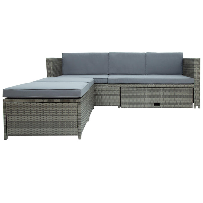 4 PCS Outdoor Backyard Patio All-weather PE Rattan Wicker Sectional Furniture Set with Retractable Table - Gray