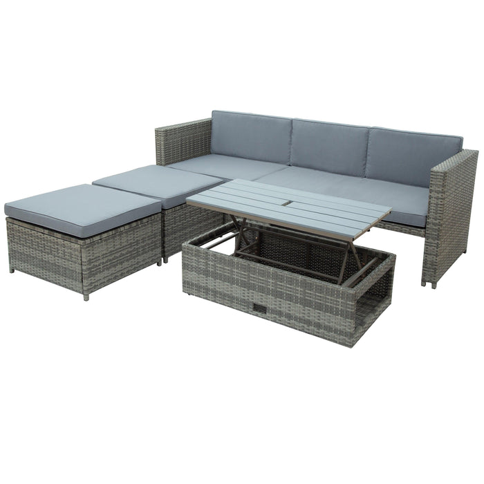 4 PCS Outdoor Backyard Patio All-weather PE Rattan Wicker Sectional Furniture Set with Retractable Table - Gray