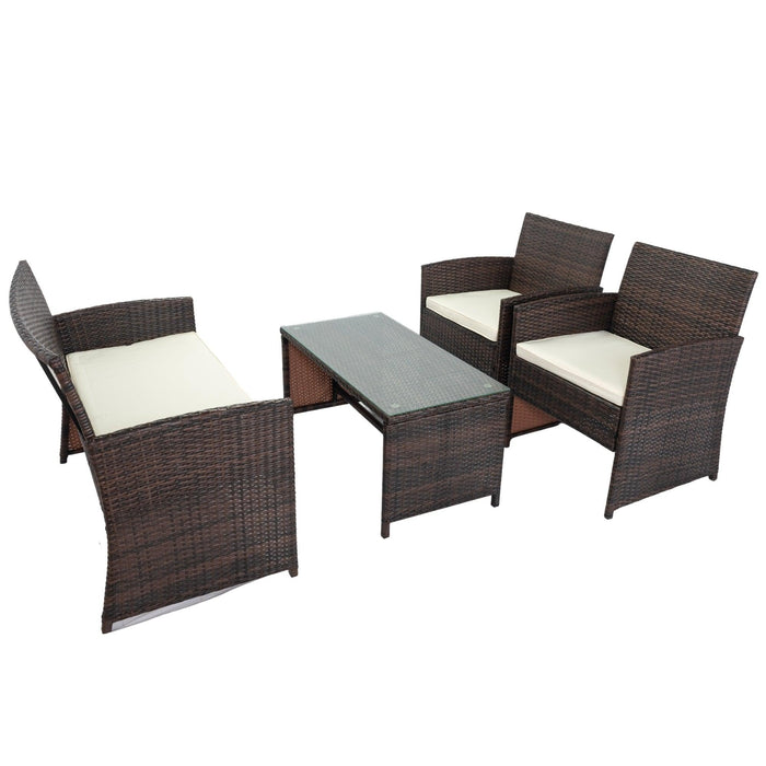 4 PCS Outdoor Rattan Sofas with Table Set, Soft Cushions and Tempered Glass Coffee Table