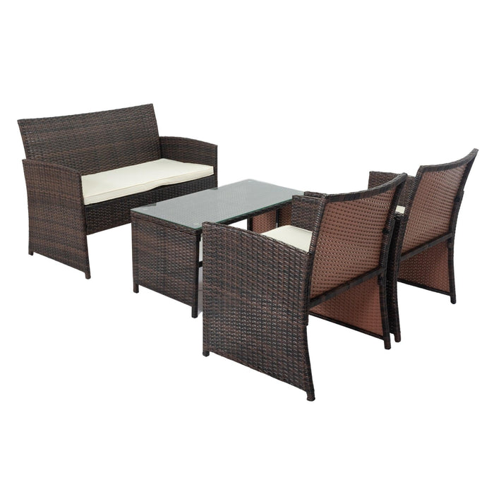 4 PCS Outdoor Rattan Sofas with Table Set, Soft Cushions and Tempered Glass Coffee Table