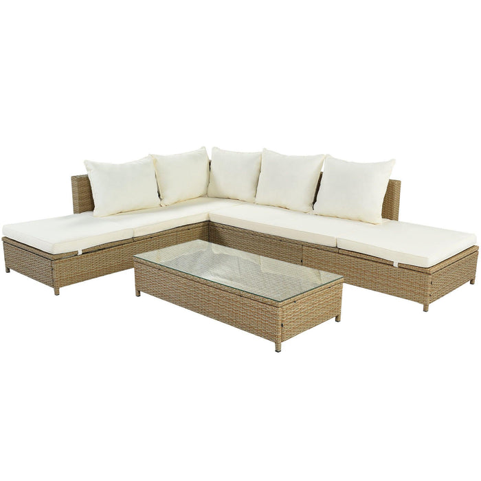 3 PCS Patio RattanAll Weather PE Wicker Sectional Set with Adjustable Chaise Lounge Frame and Tempered Glass Table, Natural Brown and Beige Cushion