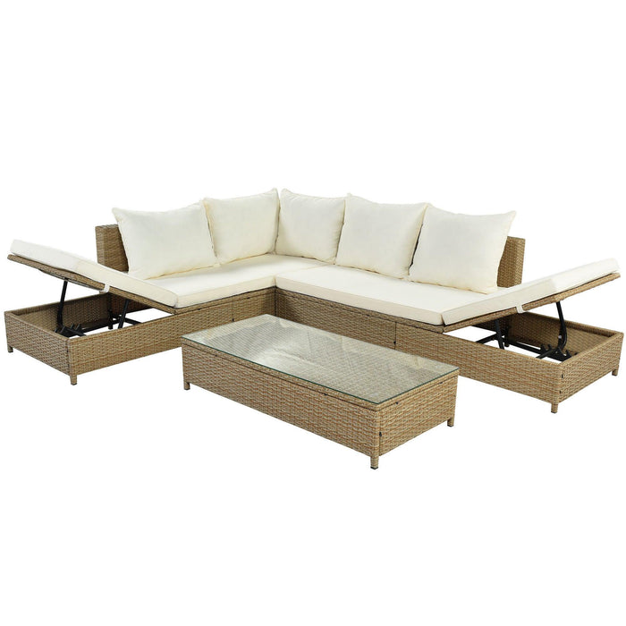 3 PCS Outdoor Patio All Weather Rattan PE Wicker Sectional Set with Adjustable Chaise Lounge Frame and Tempered Glass Table, Natural Brow nand Beige Cushion