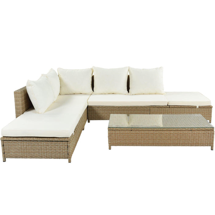 3 PCS Patio RattanAll Weather PE Wicker Sectional Set with Adjustable Chaise Lounge Frame and Tempered Glass Table, Natural Brown and Beige Cushion