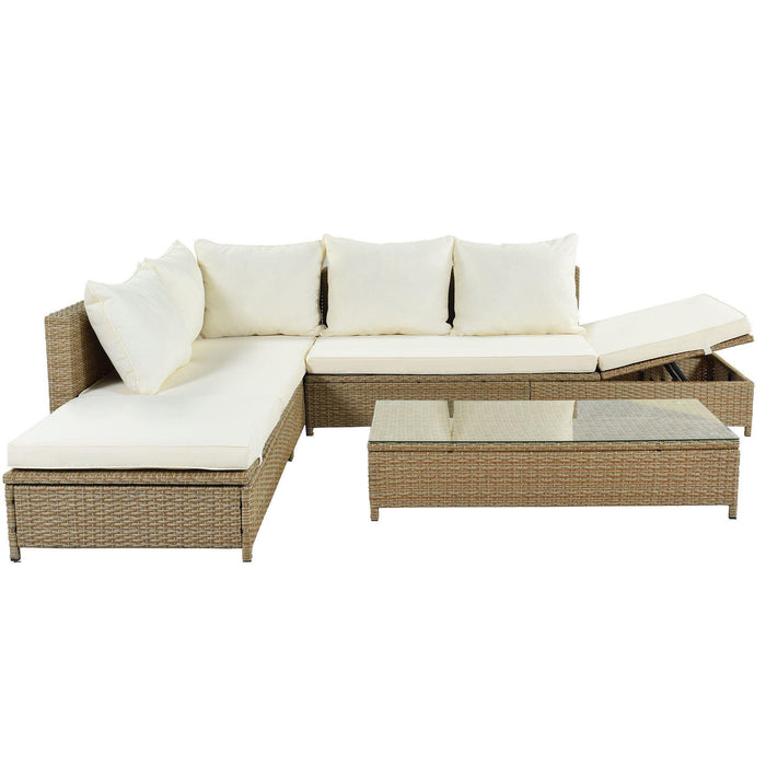 3 PCS Outdoor Patio All Weather Rattan PE Wicker Sectional Set with Adjustable Chaise Lounge Frame and Tempered Glass Table, Natural Brow nand Beige Cushion